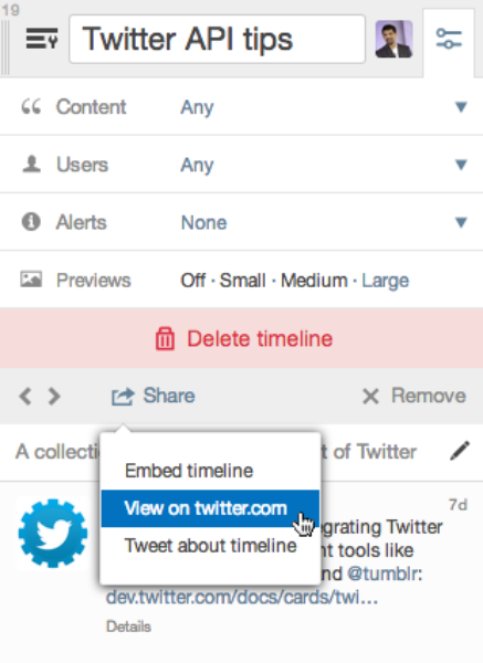 Column options panel for a custom timeline including sharing options