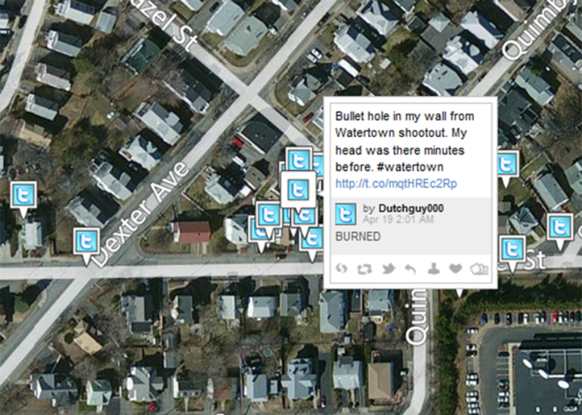 Geo-located tweets around the sites of the Boston manhunt