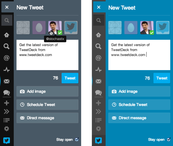 New Tweet panel docked to the left in dark and light themes