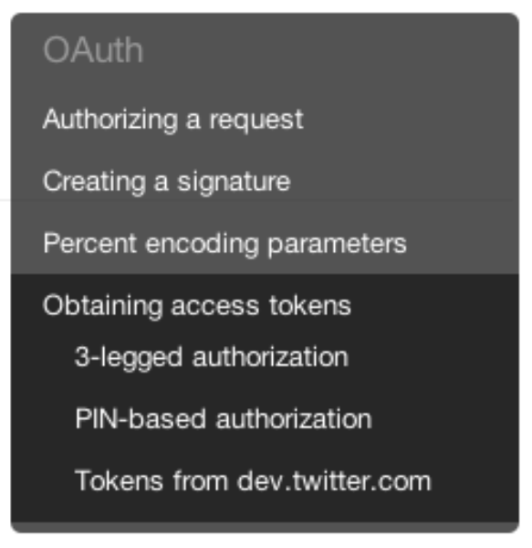 Screenshot of the navigation dropdown of the new OAuth documentation pages