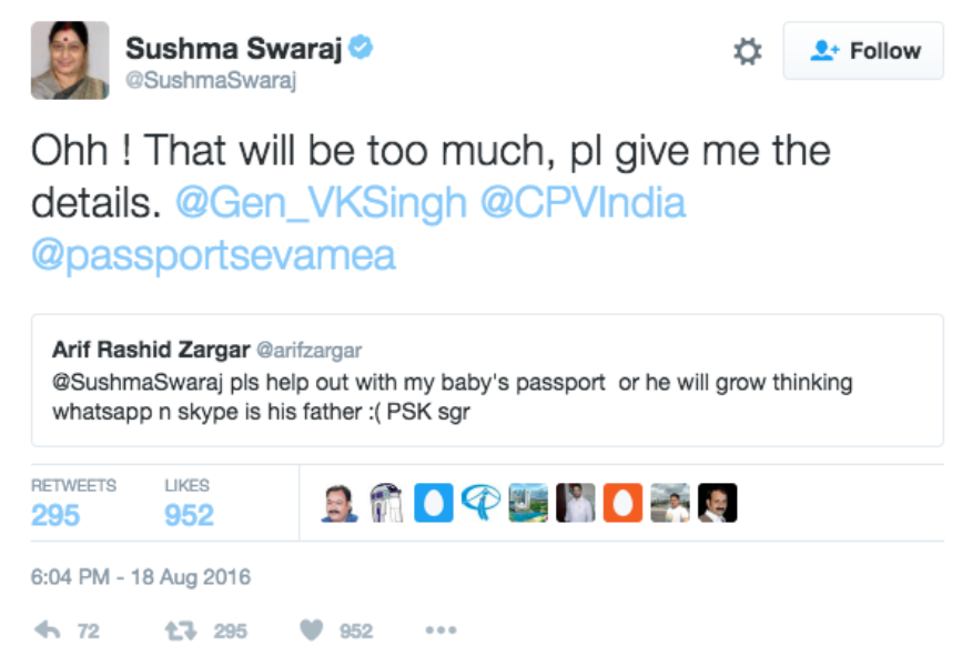 Sushma Swaraj's Tweet reply to a passport query