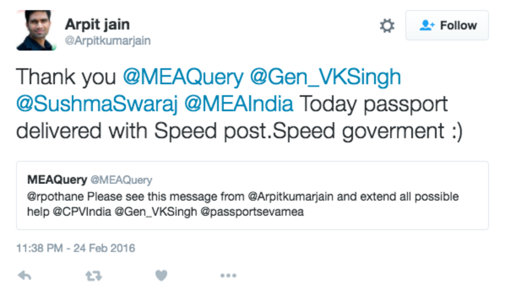 Sushma Swaraj's Tweet reply to a passport query