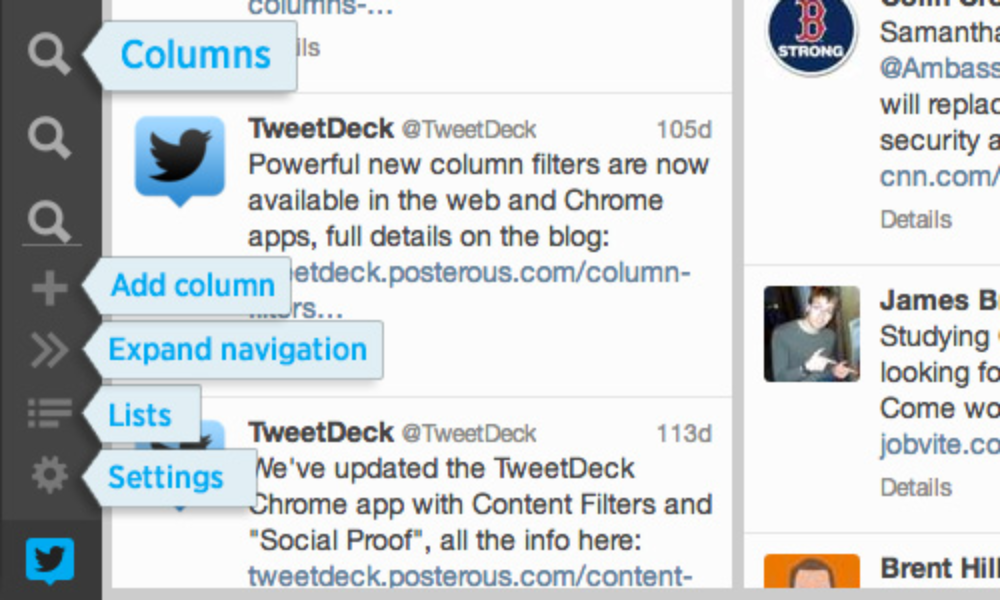 TweetDeck sidebar - columns and settings