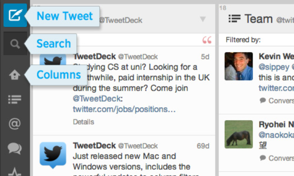 TweetDeck sidebar - new tweet, search and column icons