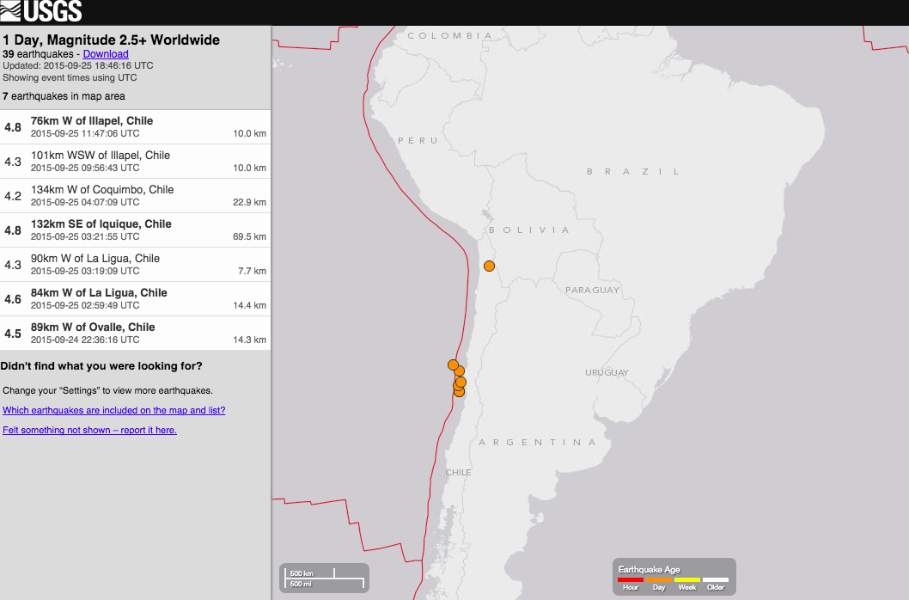 USGS map of earthquakes
