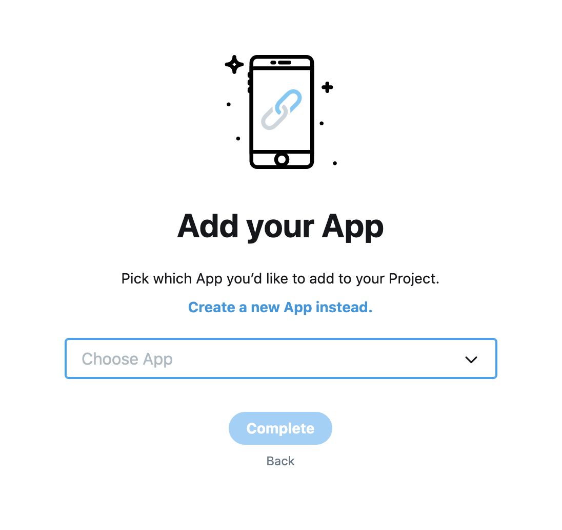 This image shows the page where you can select to either add an existing or a new App to your Academic Research Project.