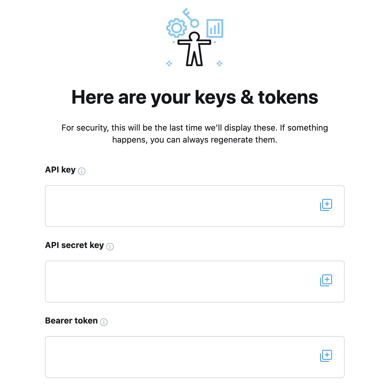This image shows the page where you receive your API Keys and Bearer Token after you've created a new App.