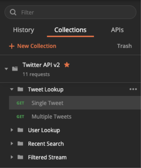 This image shows the "Single Tweets" request selected under the "Tweet Lookup" dropdown in the "Twitter API v2" section. This image shows the "Single Tweets" request selected under the "Tweet Lookup" dropdown in the "Twitter API v2" section.