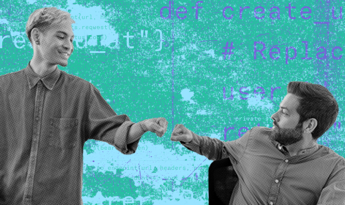 Two men fist bump