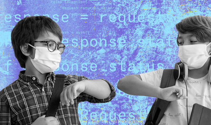 Two students wearing masks bump elbows 