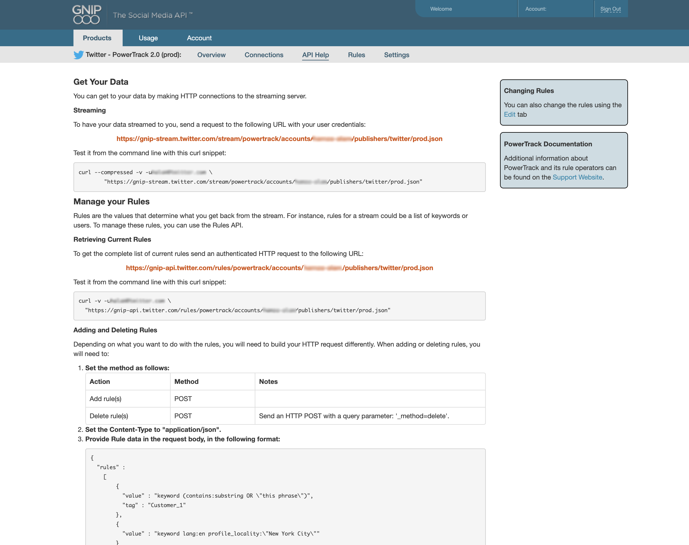A screenshot of the API help overview page on console.gnip.com.
