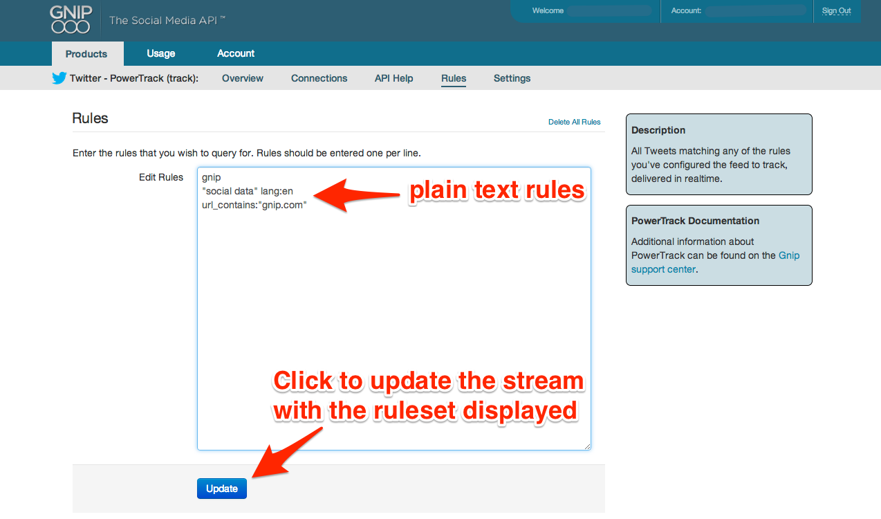 A screenshot of a PowerTrack API streams rules page on console.gnip.com.