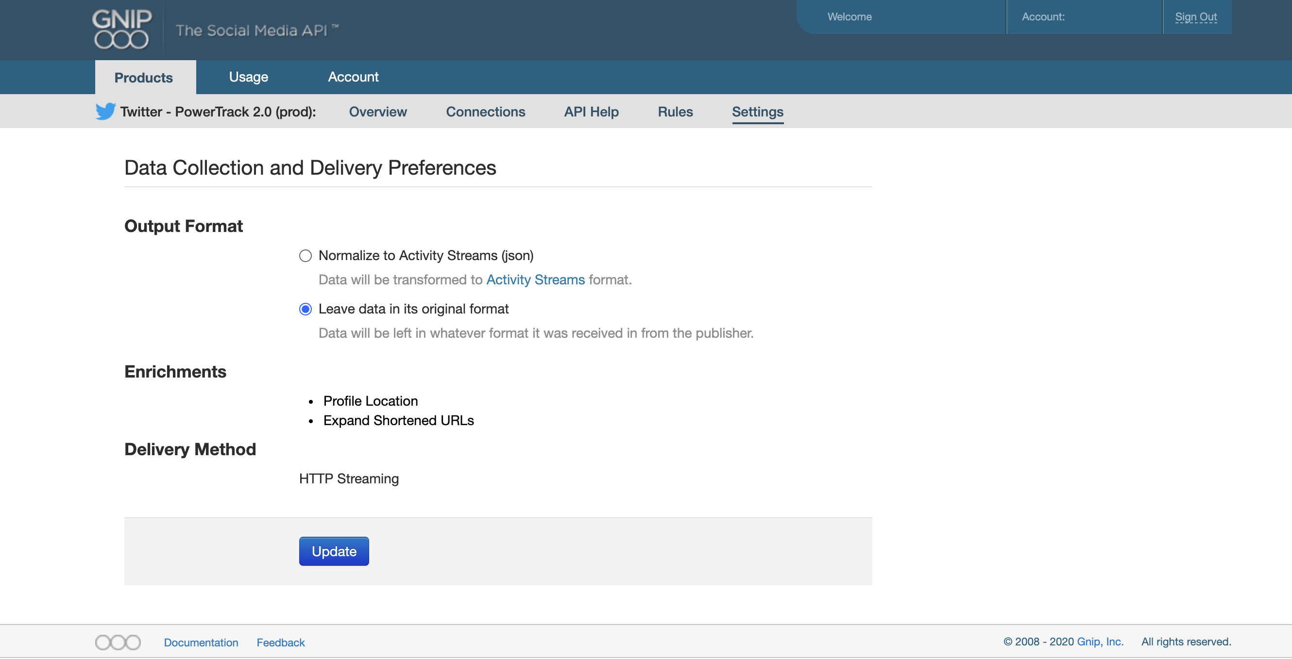 A screenshot of the settings page on console.gnip.com.