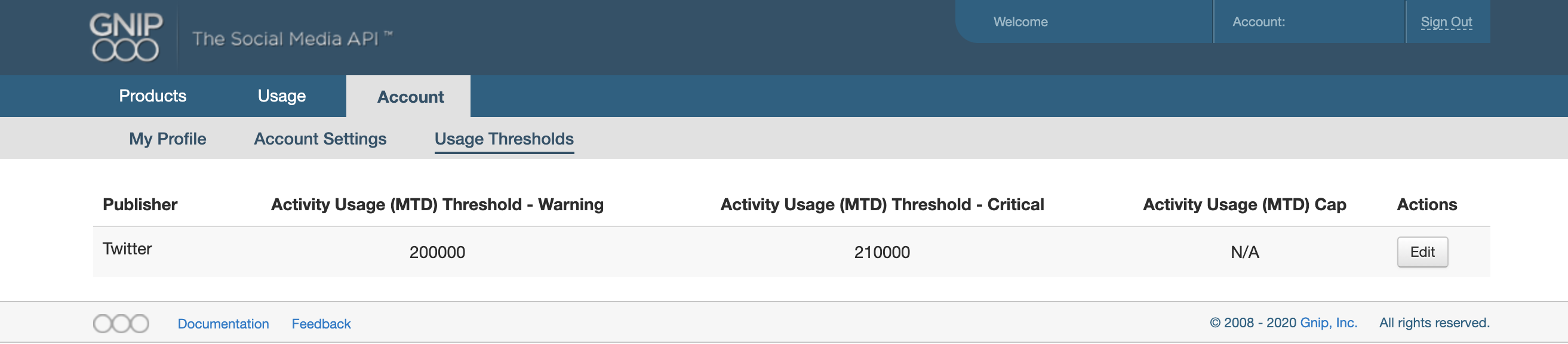 A screenshot of the usage thresholds page on console.gnip.com.