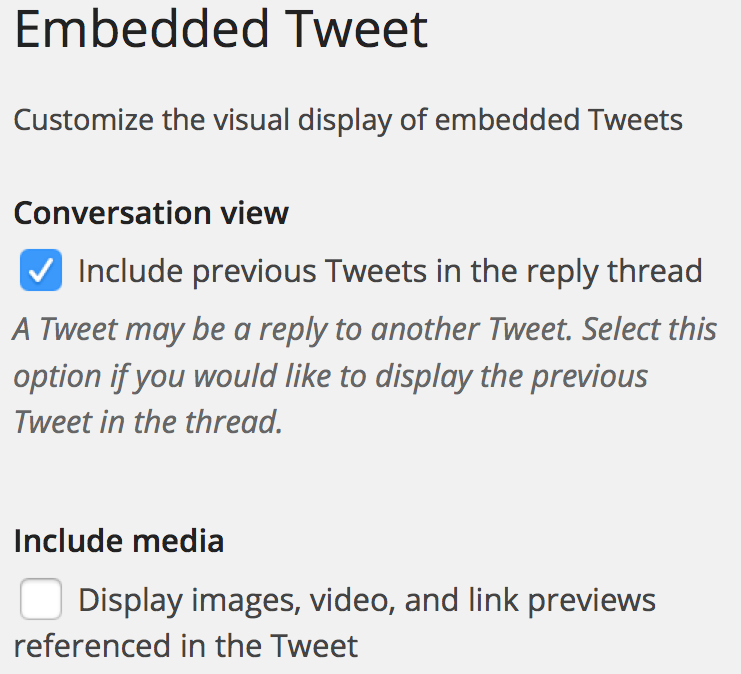 Embedded Tweet options administrative interface example