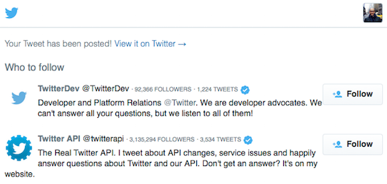 Screenshot of a Tweet web intent confirmation page with related account follow suggestions