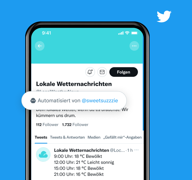 Beispiel für ein Profil für lokale Wetternachrichten mit dem Label „Automatisiert von @sweetsuzzie“