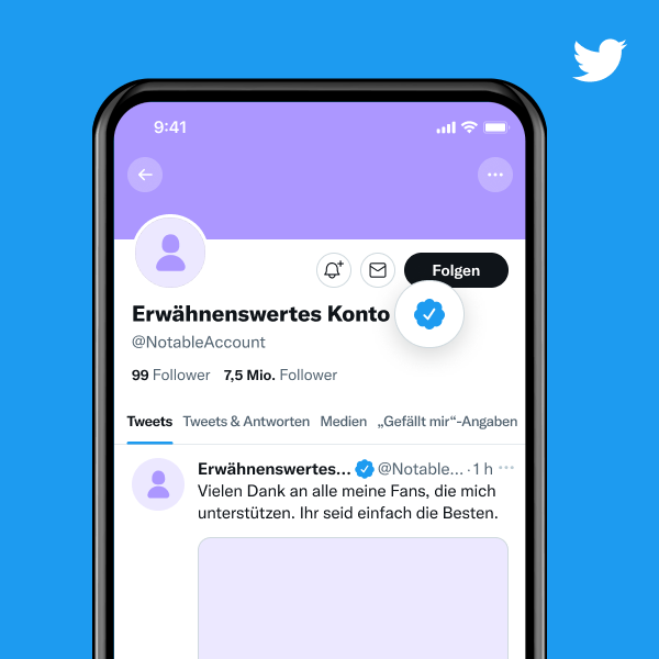 Beispiel für ein Profil eines namhaften Accounts mit einem blauen Verifizierungsabzeichen.