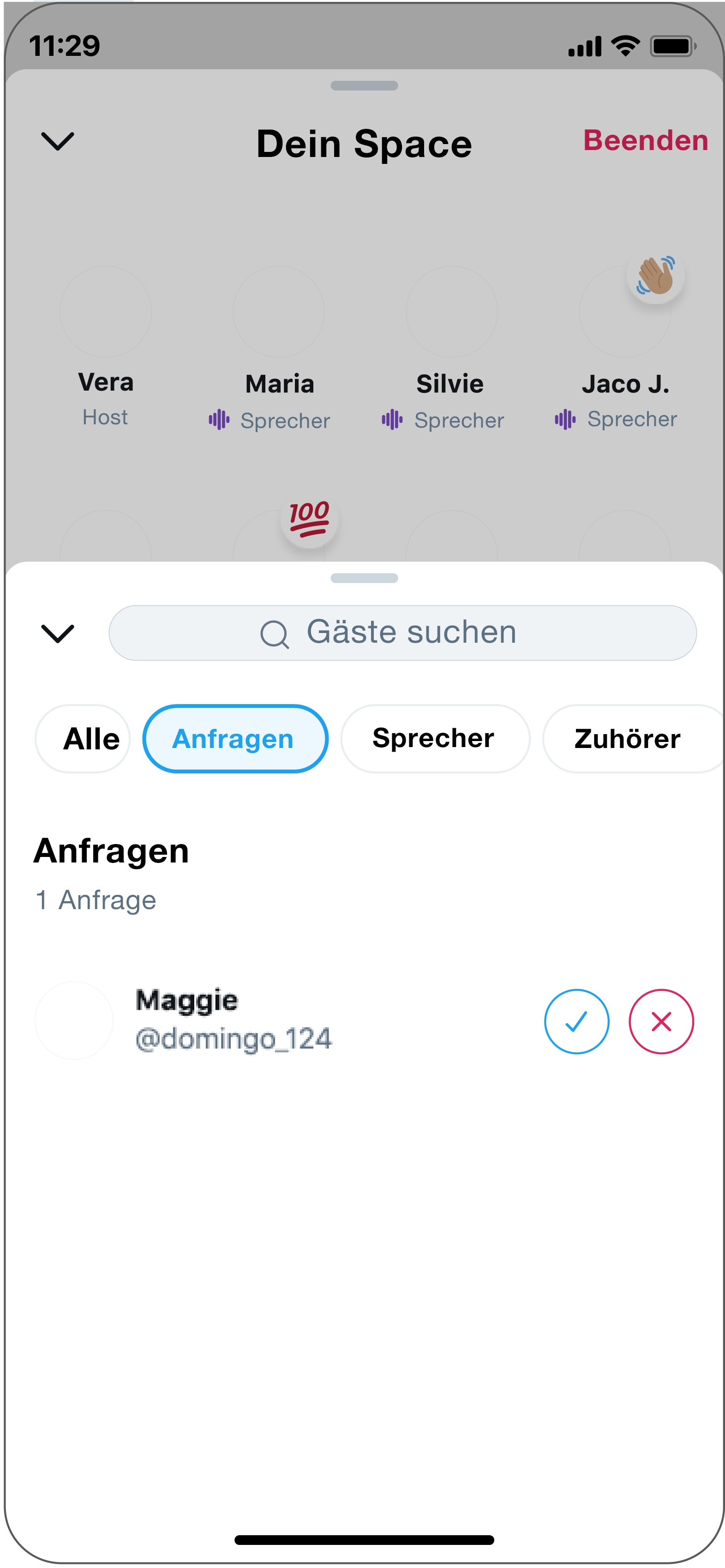 Der Host kann wählen, ob er die Person sprechen lassen möchte, indem er das Häkchen wählt oder nicht, indem er das "x" wählt.