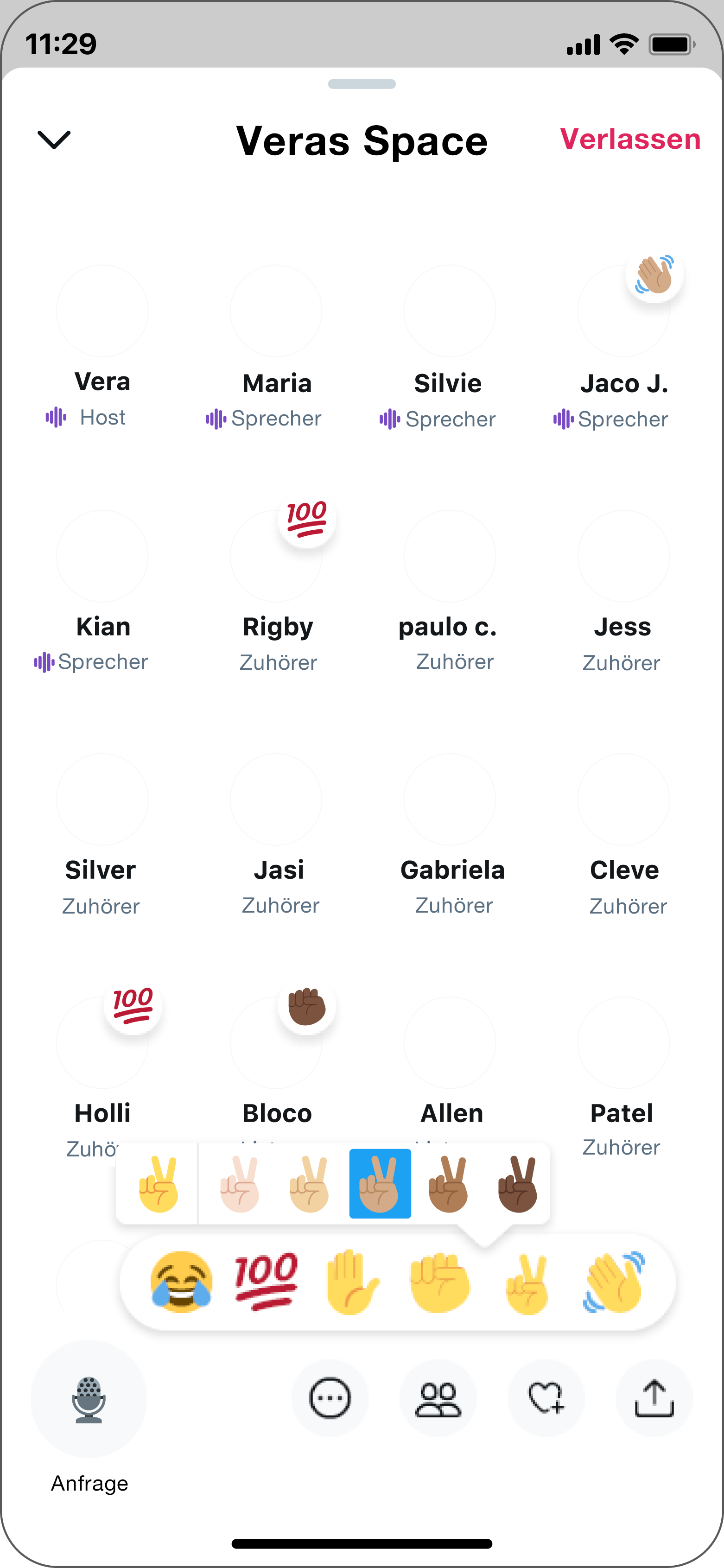 Der Zuhörer wählt die Reaktion "Friedenszeichen", wenn er dem Space beitritt.