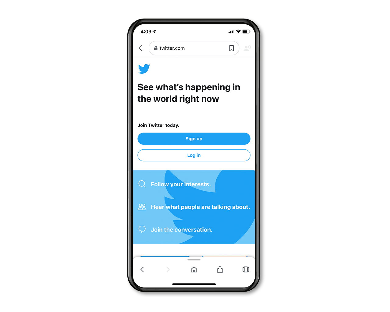 The Twitter sign up page on a mobile phone