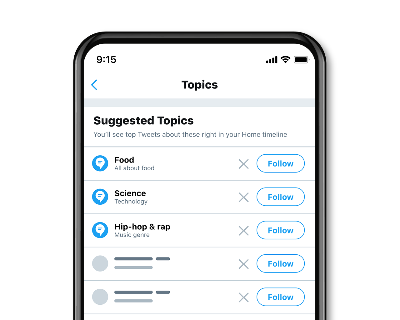 The Topics page on the Twitter mobile app