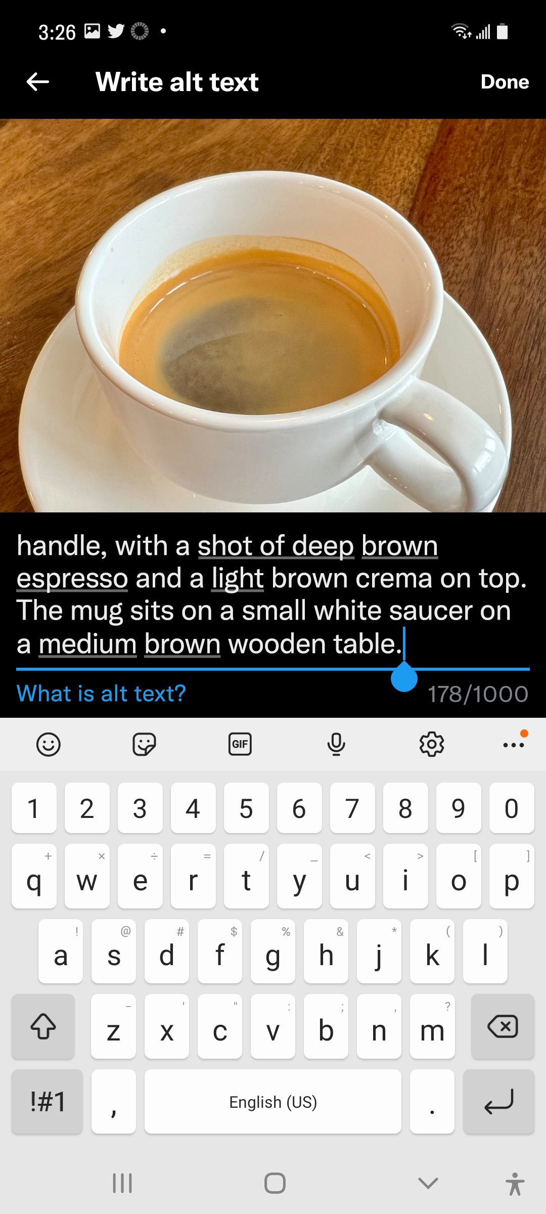 Screenshot of image description screen that shows uploaded image of espresso in mug, and text box with image description. The heading is “Write alt text.”