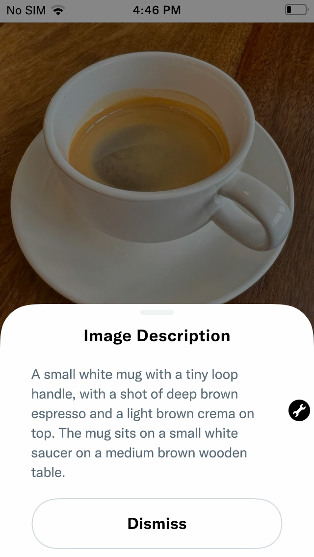 Screenshot of the posted Tweet with the image description appearing. “Image description” is the title, and a dismiss button comes after the description.