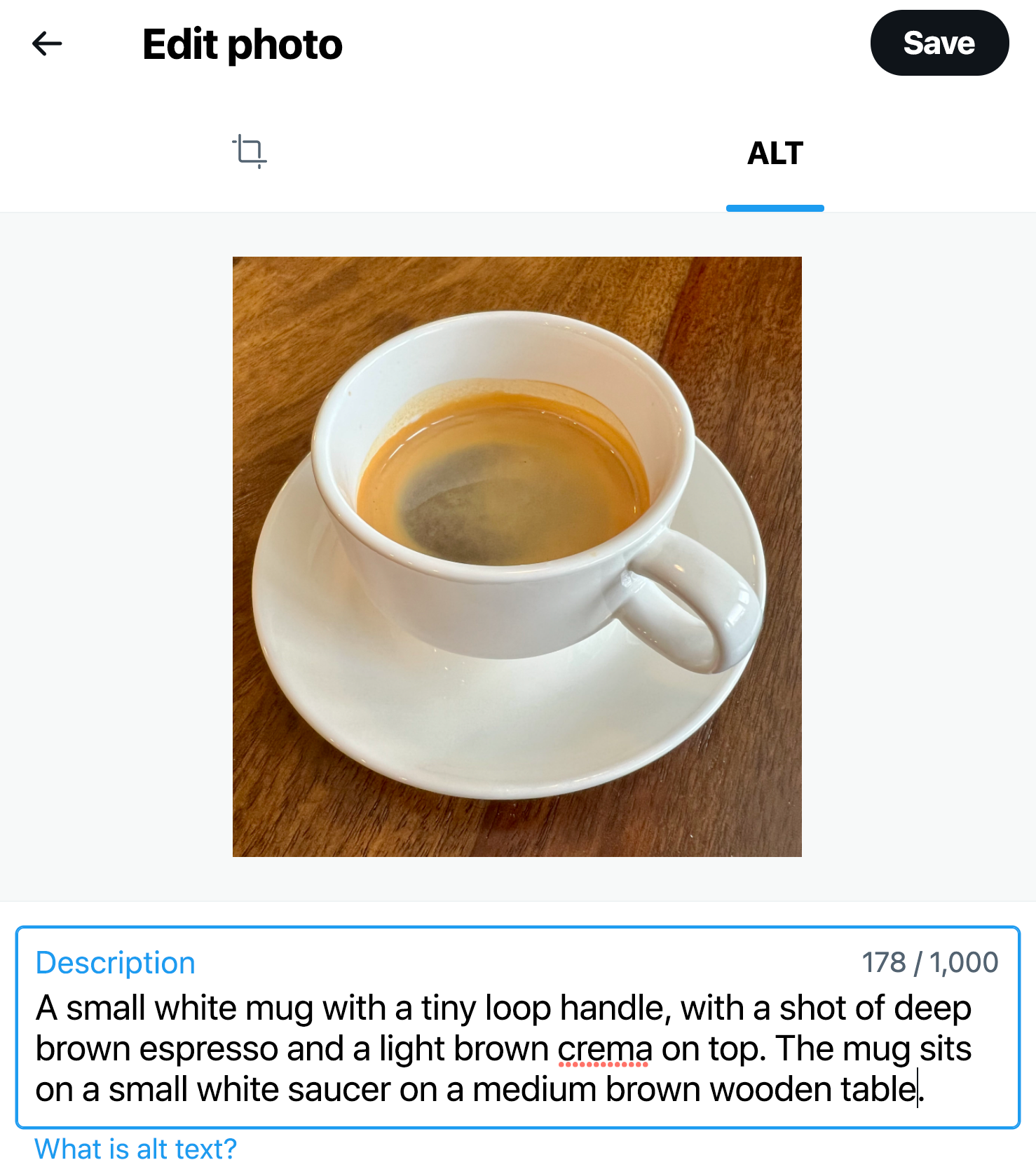 Screenshot of image description dialog box that shows uploaded image of espresso in mug, and text box with image description. The dialog is set to the ALT tab. The image edit tab is grayed out.