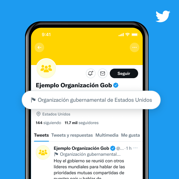 Ejemplo de perfil de organización gubernamental con una etiqueta donde se lee "organización gubernamental de Estados Unidos"