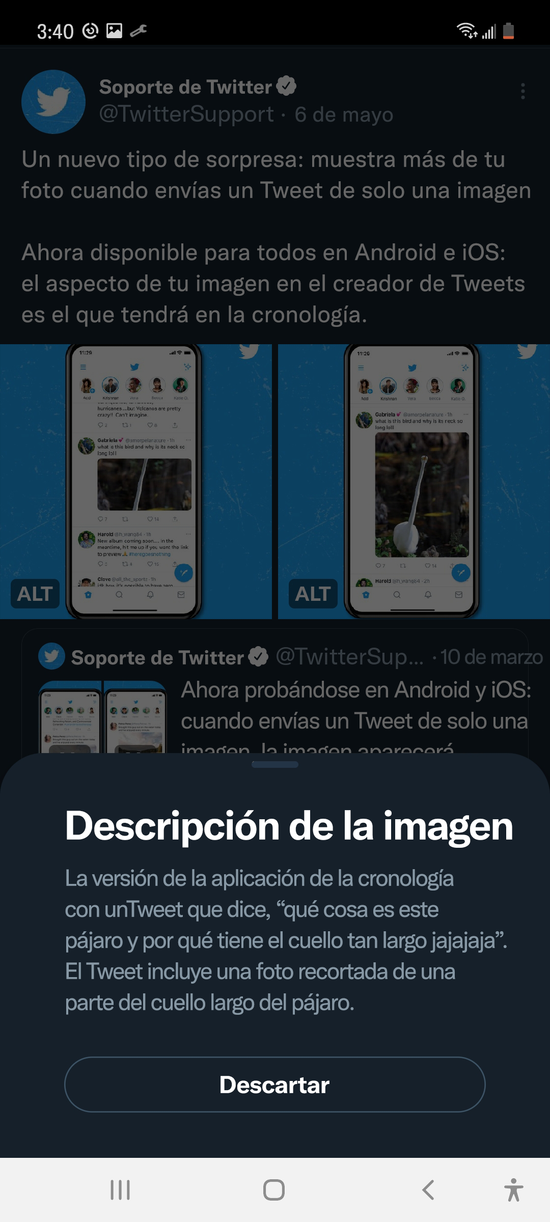 Captura de pantalla de un Tweet de @TwitterAyuda que muestra la descripción de la imagen en la parte inferior de la pantalla en un teléfono Android, con una Cronología atenuada en segundo plano. La aplicación Twitter está en modo atenuado.