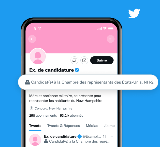 Exemple d'un profil de candidat dont le libellé indique qu'il est candidat à la Chambre des représentants des États‑Unis dans le deuxième district du New Hampshire