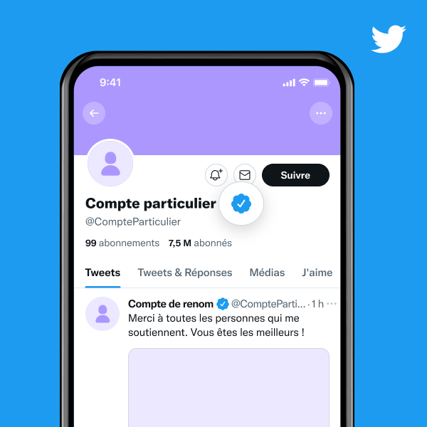 Exemple d'un profil de compte notoire avec un badge bleu Certifié