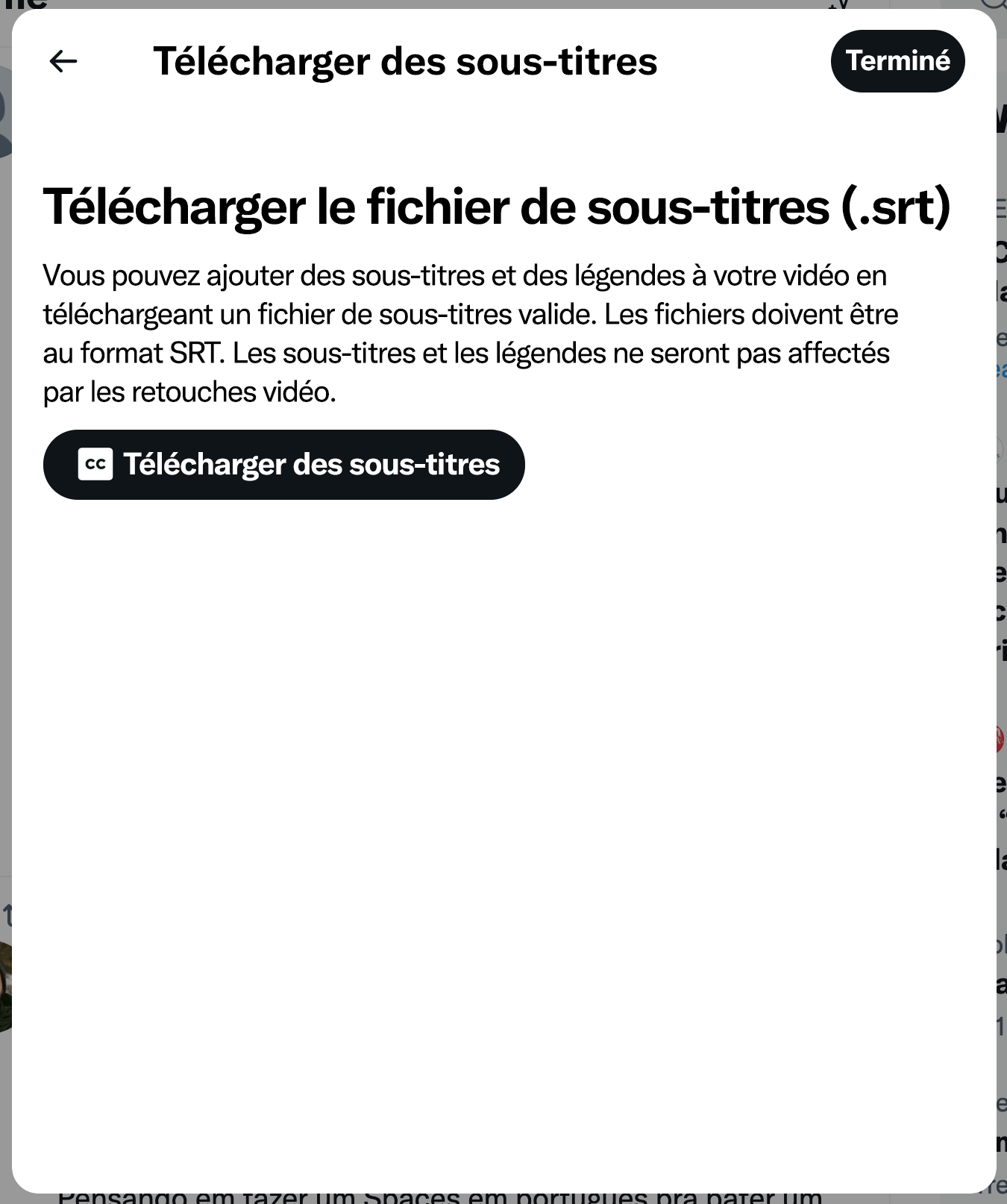 Capture d'écran de la fenêtre de téléchargement de sous-titres. Son titre est Télécharger le fichier de sous-titres (.srt). Le contenu informe les clients que des sous-titres et des légendes peuvent être ajoutés aux vidéos en téléchargeant un fichier SRT. Le bouton de call‑to‑action est Télécharger des sous-titres.