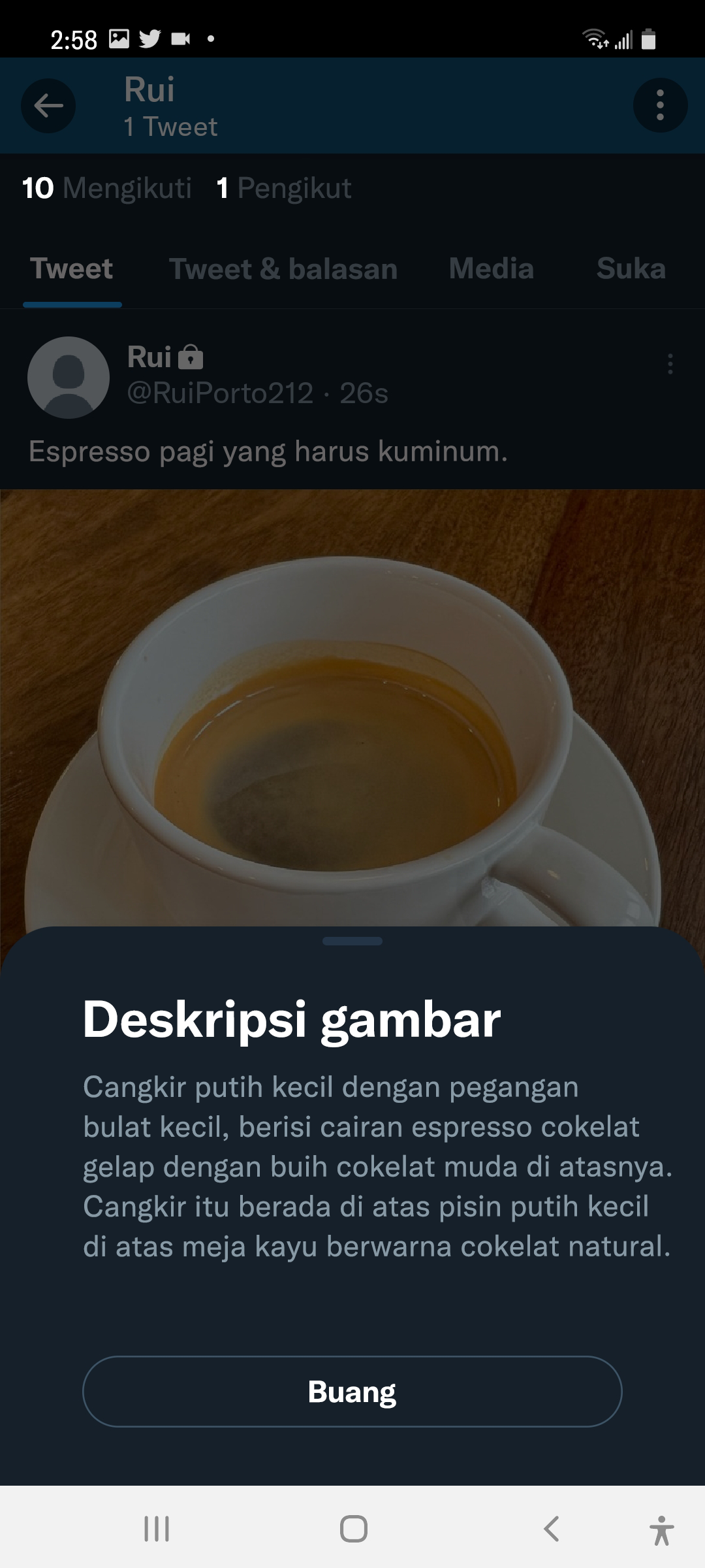 Tangkapan layar Tweet yang sudah diposting yang memuat deskripsi gambar. Judulnya "Deskripsi gambar", dan tombol tutup akan muncul setelah penjelasan.