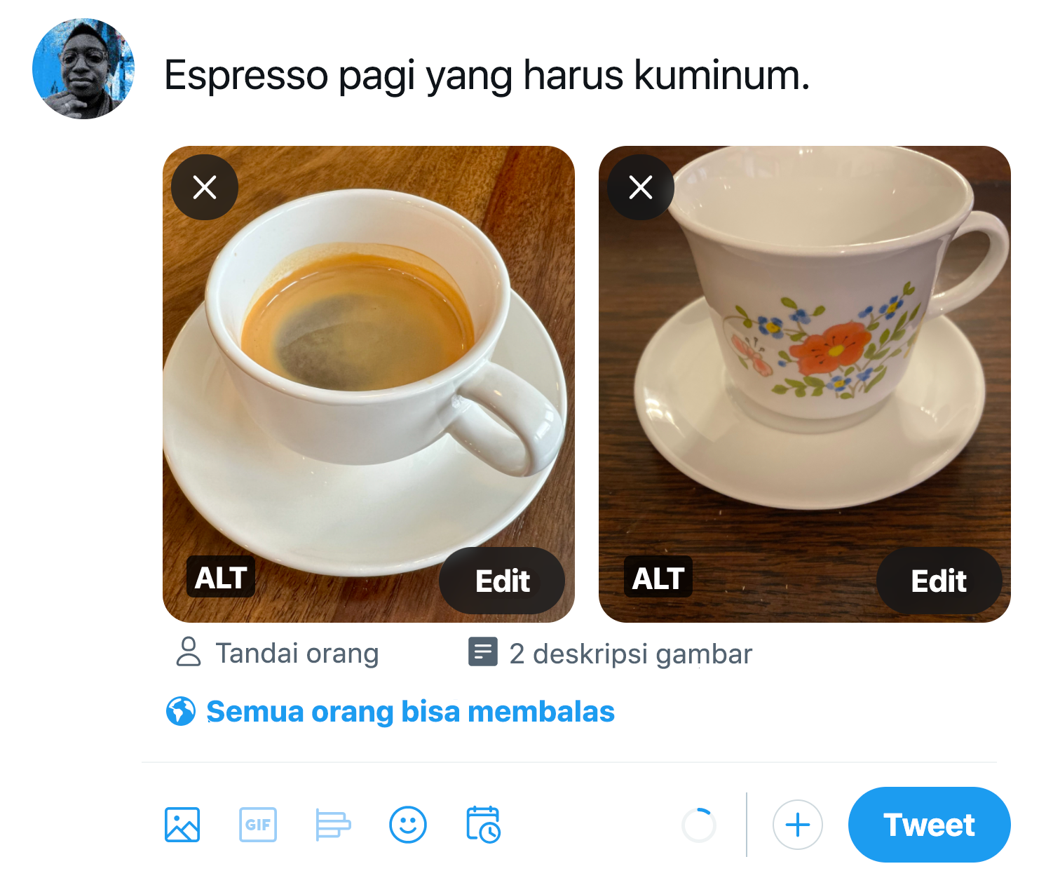 Tangkapan layar Tweet draf dengan teks “Espresso pagi yang wajib kuminum.” Dengan dua unggahan gambar secangkir espresso, dan cangkir putih kecil dengan bunga oranye dan biru di atasnya, keduanya beralaskan cawan. Lencana ALT muncul di tiap gambar.