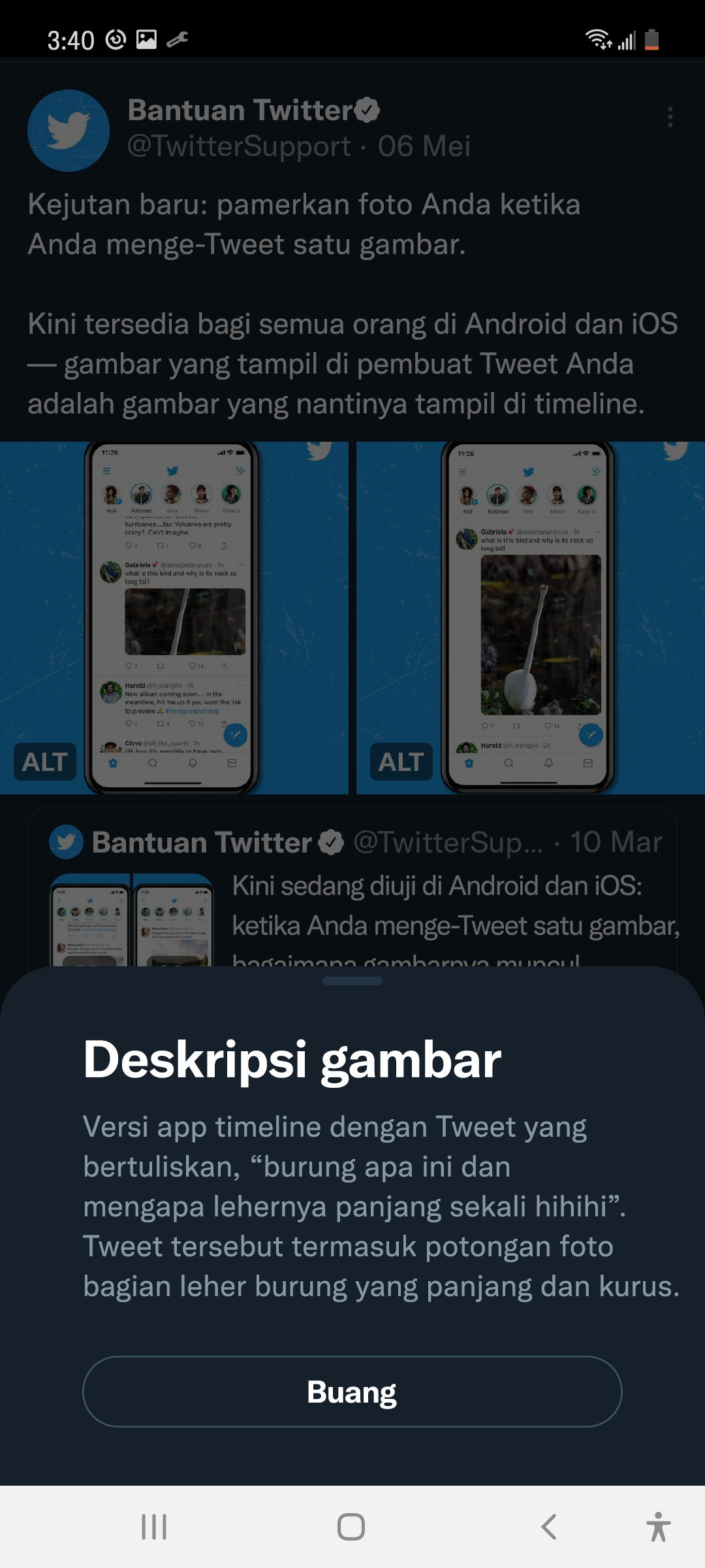 Tangkapan layar Tweet dari @TwitterSupport yang menunjukkan deskripsi gambar di bagian bawah layar pada ponsel Android, dengan Timeline yang diredupkan di latar belakang. Aplikasi Twitter dalam mode redup.
