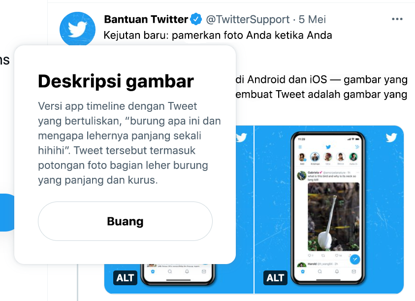 Tangkapan layar Tweet dari @TwitterSupport yang menunjukkan deskripsi gambar di atas ALT badge pada aplikasi Web. Timeline berada di latar belakang.