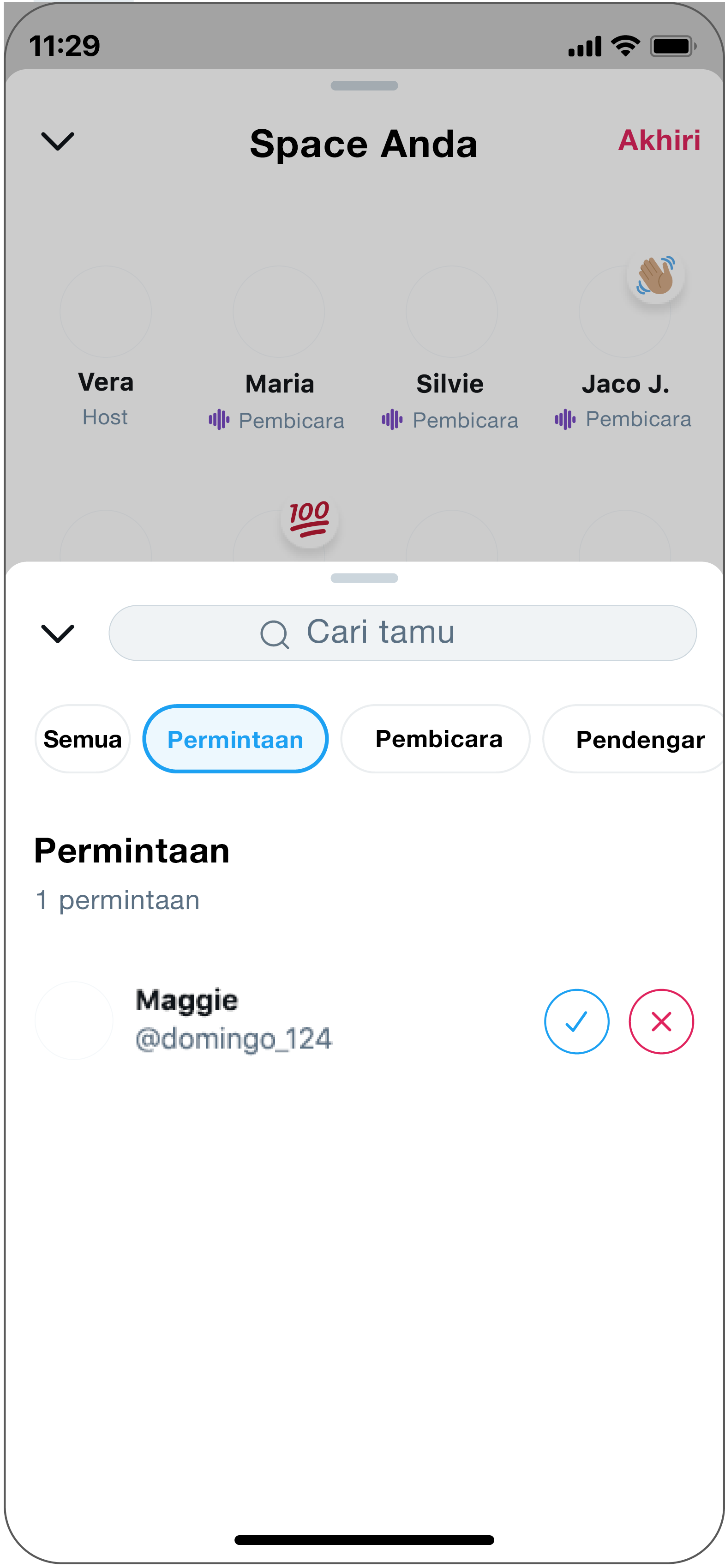 Host dapat memilih untuk mengizinkan orang berbicara, dengan memilih tanda centang, atau tidak, dengan memilih tanda "x".