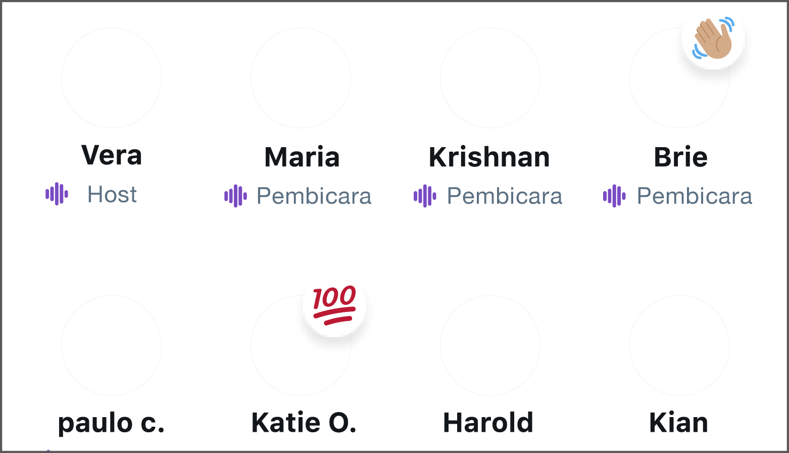 Tombol reaksi dipilih dan 5 opsi emoji muncul: 100, genggaman ke atas, tanda perdamaian, lambaian tangan, wajah dengan air mata bahagia.
