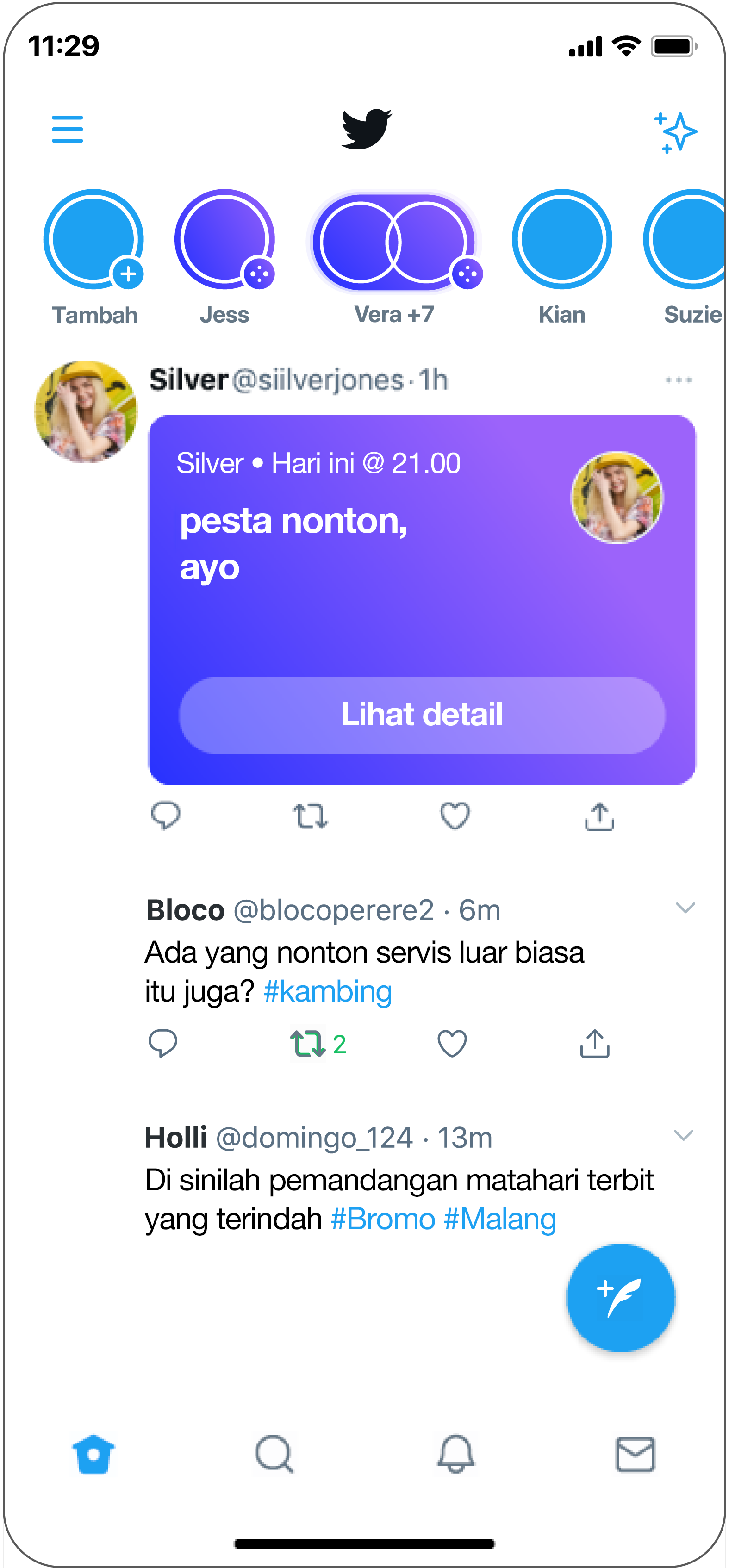 Menampilkan dua cara untuk bergabung ke Space: outline ungu di bagian atas Timeline Anda, dan undangan di dalam Tweet.