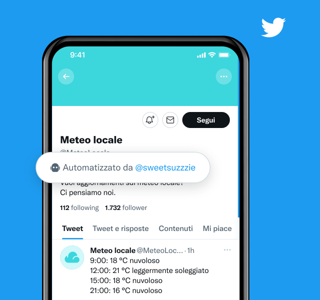 Esempio di un profilo di notizie meteo locali con un'etichetta che dice "automatizzato da @sweetsuzzie"