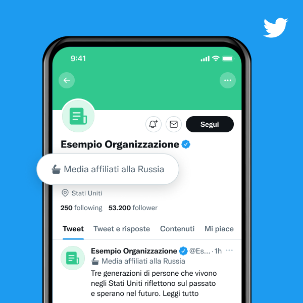 Esempio di profilo di organizzazione con un'etichetta che dice "media affiliato allo Stato russo"
