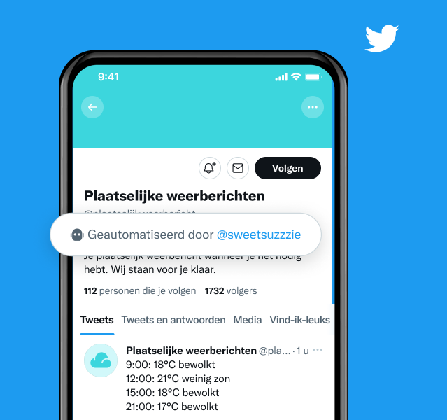 Voorbeeld van een profiel van een lokaal weerbericht met het label "geautomatiseerd door @sweetsuzzie"