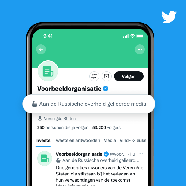 Voorbeeld organisatieprofiel met het label "Aan de staat Rusland gelieerde media"