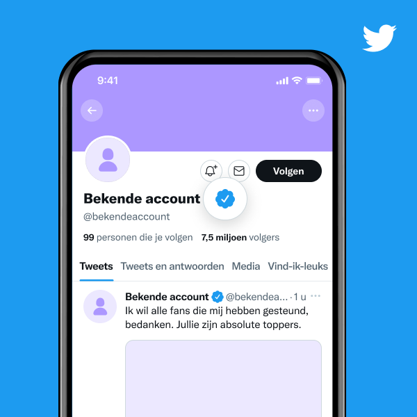 Voorbeeld van een bekend accountprofiel met een blauwe verificatiebadge.