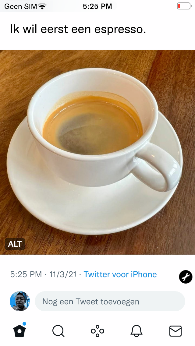 Screenshot van de geplaatste Tweet met de ALT-badge op de afbeelding.