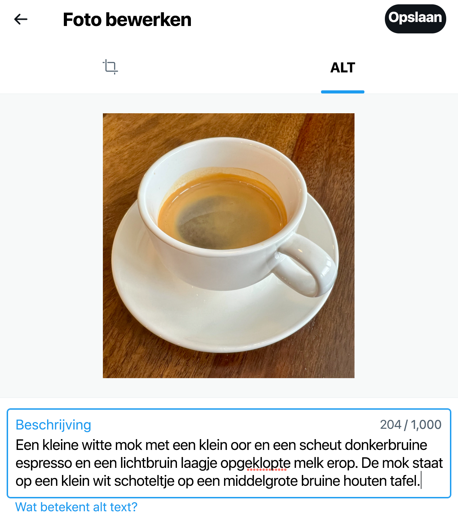 Screenshot van dialoogvenster met afbeeldingsbeschrijving, waarin een geüploade afbeelding van een kop espresso wordt getoond en een tekstvak met de afbeeldingsbeschrijving. Het dialoogvenster wordt ingesteld in het ALT-tabblad. Het tabblad 'Afbeelding bewerken' wordt grijs weergegeven.