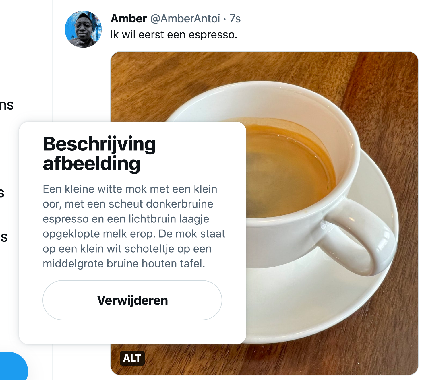 Screenshot van de geplaatste Tweet met de getoonde afbeeldingsbeschrijving in het dialoogvenster die boven de ALT-badge wordt getoond, bovenaan de afbeelding. 'Afbeeldingsbeschrijving' is de titel. Er volgt een knop Verwijderen na de beschrijving.