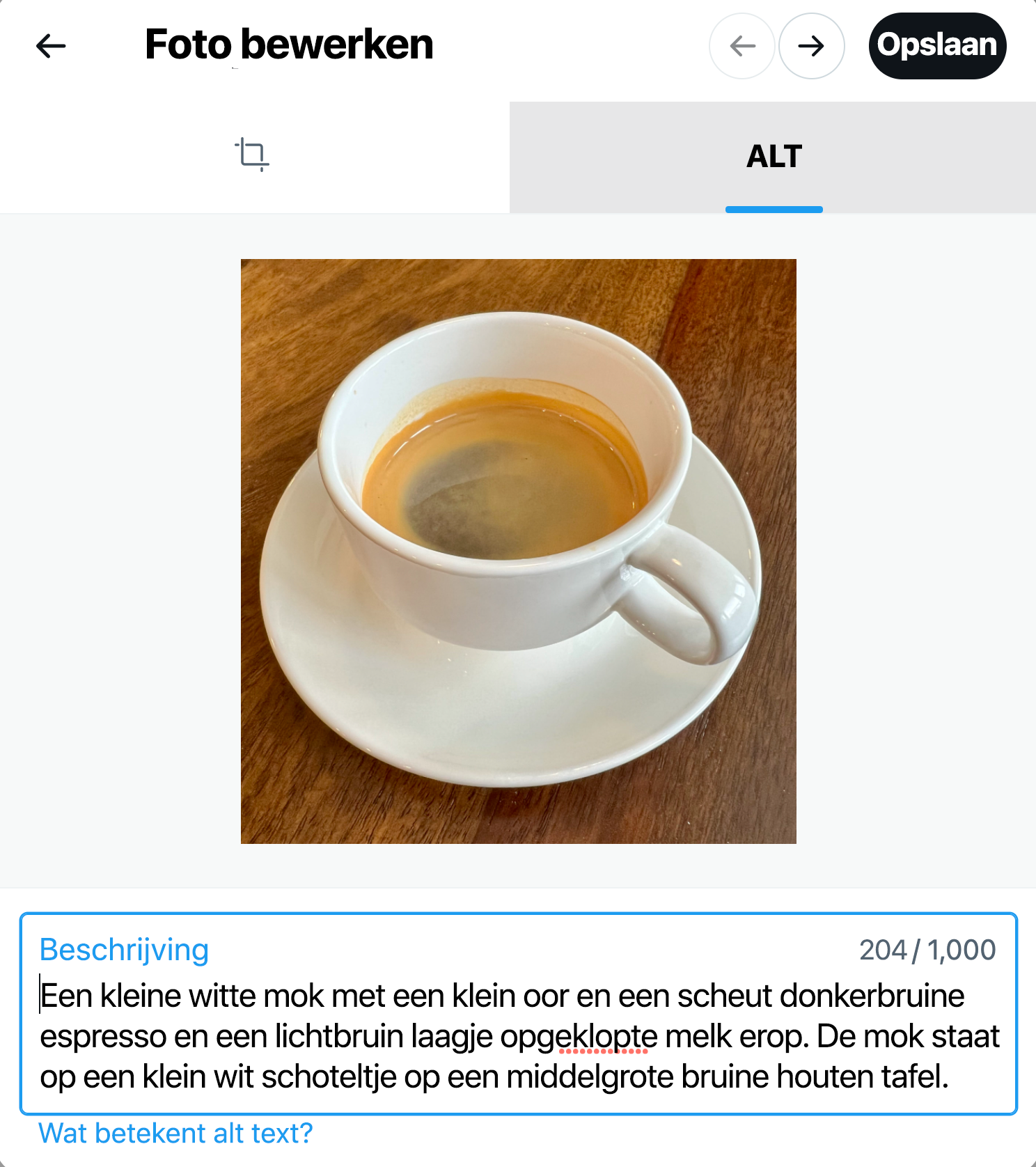 Screenshot van dialoogvenster met afbeeldingsbeschrijving, waarin een geüploade afbeelding van een kopje op een schoteltje wordt getoond en een tekstvak met de afbeeldingsbeschrijving. Het dialoogvenster wordt ingesteld in het ALT-tabblad. Pijlen met Vorige en Volgende verschijnen naast de knop Opslaan.